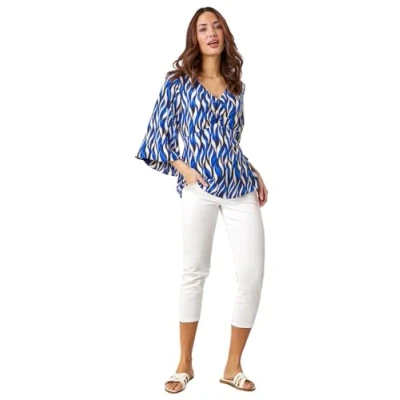 Image of Roman Originals Abstract Print Ruched Tunic Top for Women UK Ladies Everyday Holiday Spring Summer V Neckline Comfy Soft Evening Vacation Work Party Blue Size 12