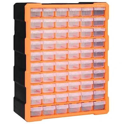 Image of vidaXL Multi drawer Tool Organizer with 60 Compartments Orange and Black Durable Plastic Wall Mountable Storage Unit Small Drawers