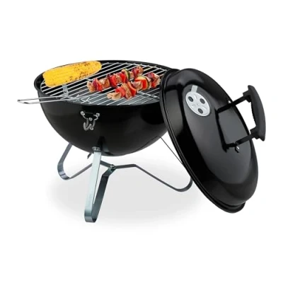 Image of Relaxdays Portable Kettle Barbecue, Ø 37 cm, Round Charcoal Grill, for Picnics, Garden &amp; Park, BBQ with Lid, Black, Steel, Nylon