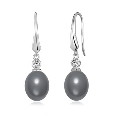 Image of Philip Jones Sterling Silver Grey Pearl Drop Earrings Created with Zircondia® Crystals