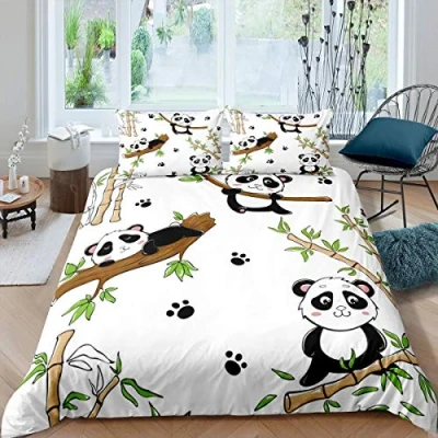 Image of Boys Cartoon Panda Duvet Cover Girls Cute Animal Pattern Comforter Lovely Bear Printed Bedding Set For Kids Children Green Bamboo Leaf Bedspread Room Decor 2Pcs Single Size