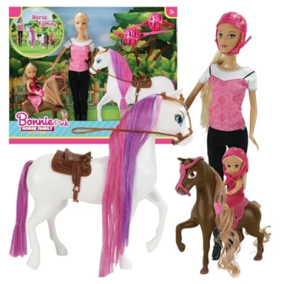 Image of Doll &amp; Horse Playset Family Toy Gift Set with 2 Fashion Dolls, White Horse, Brown Pony Riding Accessories for Imaginative Play Equestrian Kids, Birthdays, and Christmas