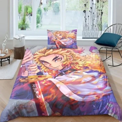 Image of GDEKCIEAS Anime 3D Demon Slayer Teens Bedding Set,2 Pieces Duvet Cover And Comforter with Zipper,Lightweight Soft Quilt for Kids Single（135x200cm）