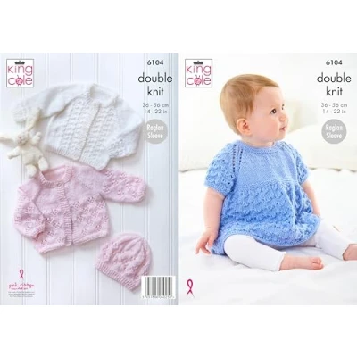 Image of King Cole Baby DK Knitting Pattern 6104 Jacket, Angel Top, Cardigan &amp; Hat