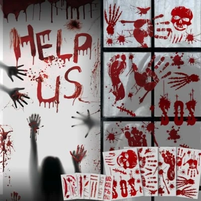 Image of 70Pcs Halloween Decorations, Zombie Stickers, Scary Window Bloody Handprint Indoor Posters, 30 Sheets Scar Temporary Tattoo Stickers for Cosplay