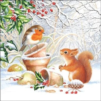 Image of Ambiente Christmas Napkin 33cm Winter Picture Serviettes Squirell &amp; Robin