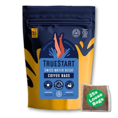 Image of TrueStart Loose 25 Coffee Bags Swiss Water Decaf, Quick Brew Bag, Biodegradable in Recyclable Pouch, Little for Travel