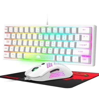 Image of LexonElec K61 60% Compact Gaming Keyboard and Mouse Set Mechanical Feel Mini 62 Keys 12000 DPI Breathable LED Ultralight Honeycomb Shell UK Layout Ergonomic RGB Backlit White
