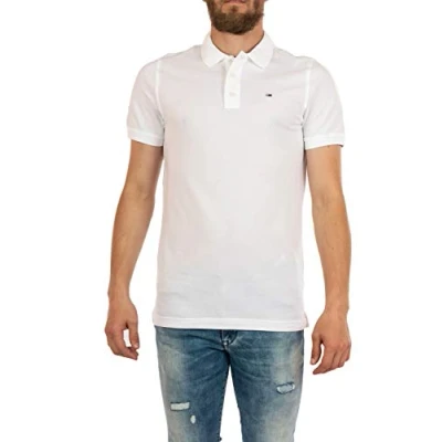Image of Tommy Jeans Mens Clothes Men Designer T Shirts Original Fine Pique Short Sleeve Polo Classic White ​ Size M