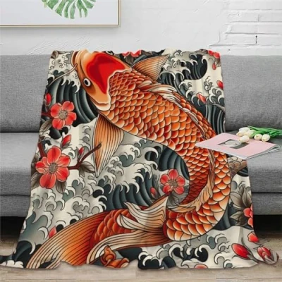 Image of DJHVJS Koi Carp Fleece Throw Blanket 3D Bed Lightweight Breathable Soft Warm Microfiber Sport Bedding for Couch Kids Teens Adults 80x90inch(200x230cm)