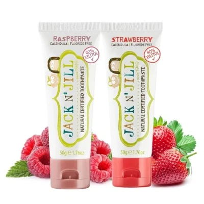 Image of Jack N&#039; Jill Natural Certified Toothpaste Baby &amp; Toddler Toothpaste, Fluoride Free, 40% Xylitol, Sugar Safe for 6 Months Up, Makes Tooth Brushing Fun, Raspberry Strawberry Flavours 2 x 50g