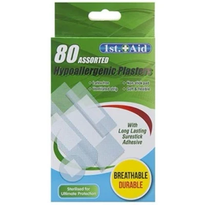 Image of 1st Aid Assorted Hypoallergenic Plasters Pack of 80 Sizes Ideal for Home Office