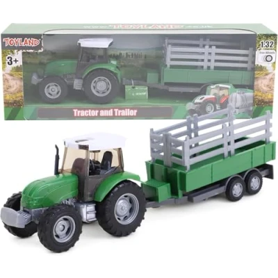Image of Toyland® 22.5cm Farm Tractor &amp; Tanker/Trailer Set Free Wheel Action Boys Toys (Green Trailer)