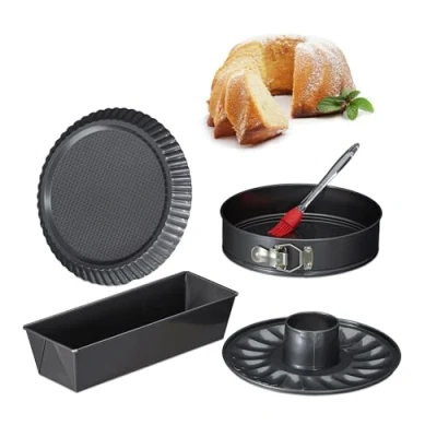 Image of Relaxdays 10027276 Set of 4, Anthrac Cake 5, 26cm Springform Pan with Gugelhopf Insert, Loaf, Flan Tin, Baking Brush, Steel