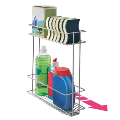 Image of Metaltex In&amp;out XL Sliding Cleaning Organizer, Metallic Grey, 11 x 38 34 cm