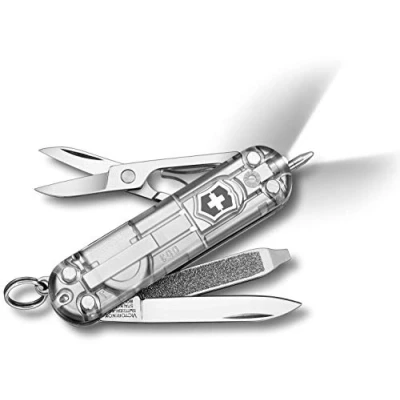 Image of Victorinox Signature Lite Swiss Army Pocket Knife, Small, Multi Tool, 7 Functions, LED, Pen, Silver Transparent