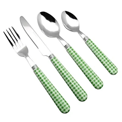 Image of EXZACT Cutlery Set 24pcs Stainless Steel with Gingham Check Coloured Handles 6 x Forks, Dinner Knives, Table Spoons, Tea Spoons (Green 24 pcs)