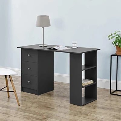 Image of [en.casa] desk Lemberg 120 x 50 72 cm with 3 shelves and drawers Office Computer PC table Dark grey