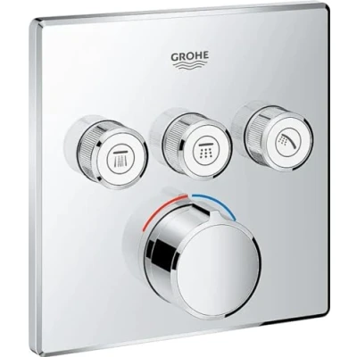 Image of GROHE SmartControl Square Concealed Mixer for Shower or Bath (3 Valves, Set Final Installation Rapido SmartBox, Push Button ON OFF, Turn Volume Adjustment), Chrome, 29149000