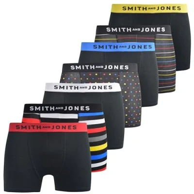 Image of SMITH &amp; JONES mens boxers multipack of 7, stretch cotton men’s boxer shorts, comfortable underpants for men, colourful and black underwear trunks, multi pack man briefs(XXL, Leland)