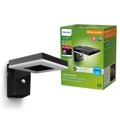 Image of PHILIPS Lighting Zonal UltraEfficient Outdoor Solar Wall Light, Square, 1.3W, 3000K, Black, Motion Sensor, IP44 Weatherproof