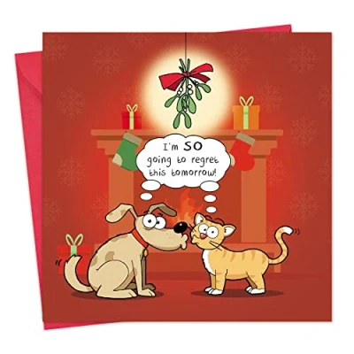 Image of Twizler Merry Christmas Card with Dog &amp; Cat Funny Xmas Mens Him Male Womens Happy Her Female