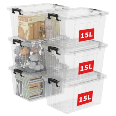 Image of Cetomo 15L*6 Storage Boxes with Lids, Plastic Bins Latching Buckles, Click Closure, Stackable, Nestable, Clear Organizer for Home Office Clothes, Transparent, 15L 6 Pack