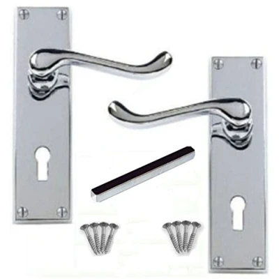 Image of Discount Hardware UK Door Handle Sets Polished Chrome Handles for Enhanced Aesthetics, Bathroom with Lock, Secure &amp; Easy Install Victorian Scroll Lever Lock 150x40mm (1Pair)