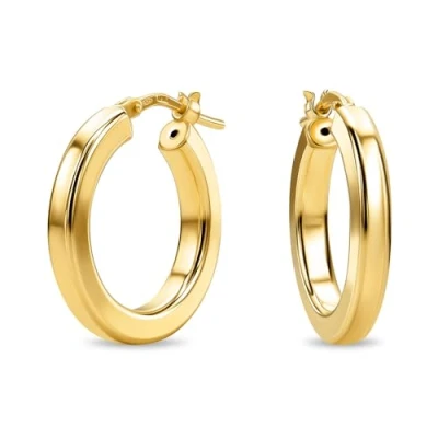 Image of Miore 18ct Gold Plated 925 Sterling Silver Earrings for Women, Big Shiny Round Hoops with Flat Tubes 15 mm, Huggies Handmade in Italy, Delivered Jewellery Box