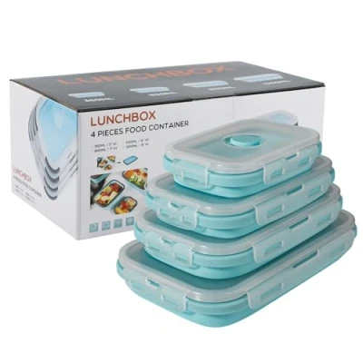 Image of Collapsible Silicone Food Storage Container with Lid, Portable Lunch Bento Box Outdoor Picnic Space Saving, Microwave, Dishwasher and Freezer Safe, Set of 4 (Light Blue)