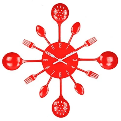 Image of Timelike Wall Clock, 16&quot; Metal Kitchen Cutlery Utensil Spoon Fork Clock Creative Modern Home Decor Antique Style Watch (Red)