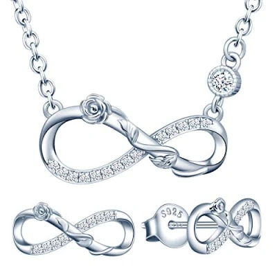 Image of Yumilok 925 Sterling Silver Infinity Rose Flower Necklace Earrings for Women Jewellery Set