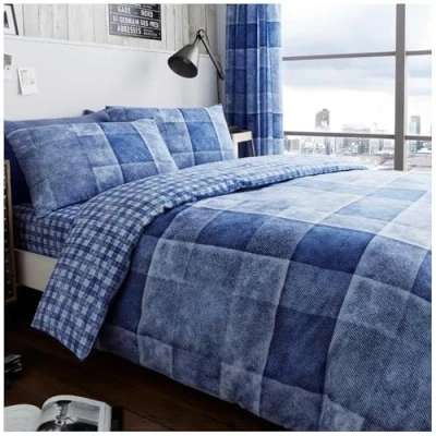 Image of GC GAVENO CAVAILIA Denim Checkered Single Duvet Cover Set, Breathable Geometric Bedding Reversible Check Quilt Bedset, Blue Paid