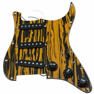Image of KAISH Loaded American ST/Strat Style SSS Pickguard Prewired Pick Guard With Ceramic Pickups for Stratocaster/Strat Black Yellow Stripe Covers and Knobs