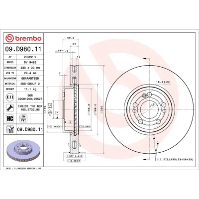 Image of 1674210601, A1674210601 Brake disc BREMBO 09.D980.11 330mm 32mm 5 internally vented Coated High carbon MERCEDES BENZ: GLE