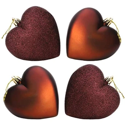 Image of Christmas Concepts® 4 100mm Heart Shaped Baubles Matte &amp; Glitter Design Decoration (Brown)