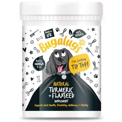 Image of Bugalugs Natural Turmeric &amp; Flaxseed Supplement joint health support, anti itch treatment, stop moulting. Omega 3 for dogs, cold pressed, immunity supplements, skin, hair coat (200g Powder)