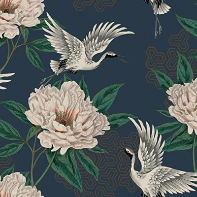 Image of Grandeco Flying Cranes Floral Geometric Wallpaper Navy 178301