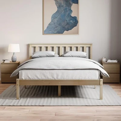 Image of Vida Designs Milan Double Bed, 4ft6, Bed Frame, Solid Pine Wood, Headboard, Low Foot End, Bedroom Furniture,