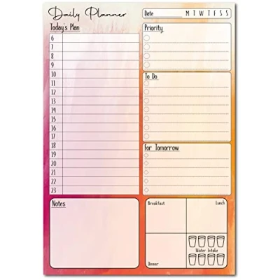 Image of A5 Daily Planner 50 Sheet Note Pad with Schedule, Priority, To Do Lists, Doodle Notes &amp; Meal Organiser (Pink/Orange Fade)