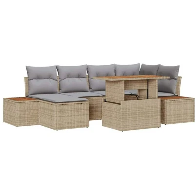 Image of vidaXL 7 Piece Garden Dining Set with Cushions Beige Poly Rattan Acacia