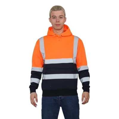 Image of Grunge Wear® Hi Vis Hoodie Viz Sweatshirt Safety Work Reflective Jumper Tape Band Warm Security High Visibility Pullover Hooded Top (Orange Navy, Large)
