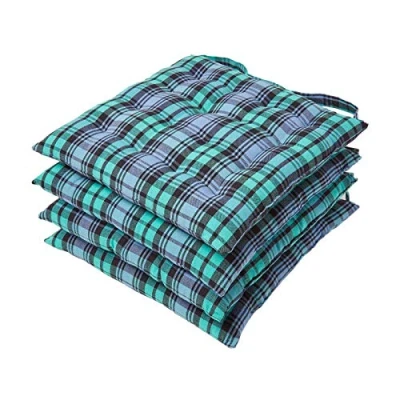 Image of HOMESCAPES Blue and Green Tartan Seat Pad Cushion for Dining Chairs Set of 4 100% Cotton Chair with Straps 40 x cm