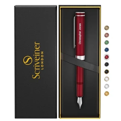 Image of Scriveiner Personalised Luxury EDC Fountain Pen (Medium), Stunning Matt Red Pocket Pen, Chrome Finish, Schmidt German Nib, Best Engraved Gift Set for Men &amp; Women, Name Engraving