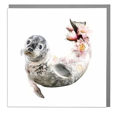 Image of Lola Design Wildlife Botanical Greeting Cards, Seal Suitable for Birthdays, Congratulations or Any Special Occasions Blank Inside with Grey Envelope 150mm x