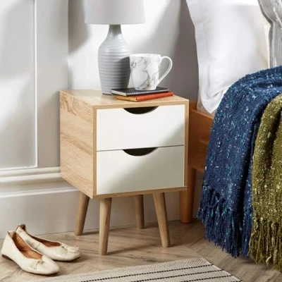 Image of Home Source Bedside Cabinet 2 Drawer Oak Effect White Lamp Side Table Solid Wood Legs, Scandi Style