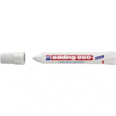 Image of edding 950 industry painter white pack of 1 pen round nib 10 mm marker for writing on metal, rocks, wood rough or wet surfaces permanent, waterproof
