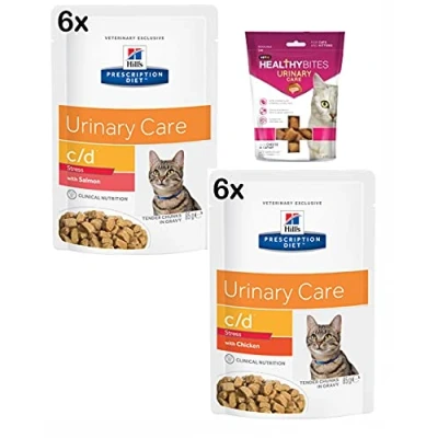 Image of HILL&#039;S PRESCRIPTION DIET Feline C/D Urinary Stress Mix 12 x 85gr (Chicken 6 pouches/Salmon pouches) and Vetiq Treats care for Cat