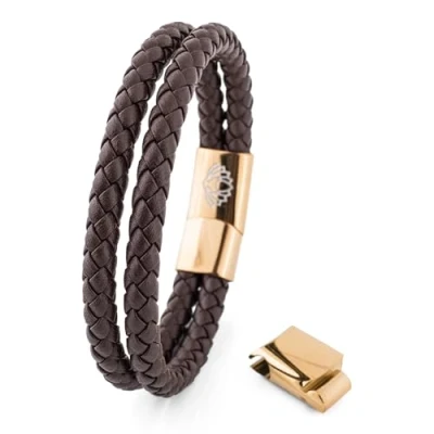 Image of Akitsune Simplicitas Leather Bracelet Magnetic Link Bangle Trinket Premium Women Men Braided Handmade Gold Brown 22cm
