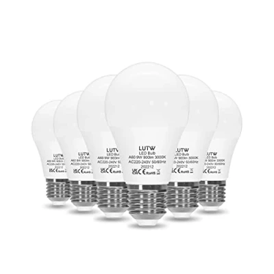 Image of LUTW LED Light Bulbs, E27 Edison Screw Bulbs 60W Equivalent, Warm White 3000K ES in Bulb, 9W 900lm Super Bright Energy Saving Lightbulbs for Lamp, Non Dimmable Pack of 6